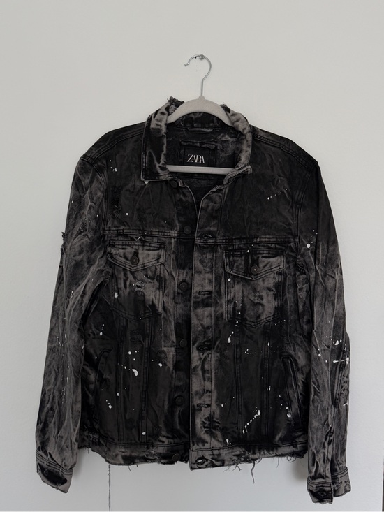 Zara Other - Zara Black Washed Denim Bomber Jacket with White Paint Splatter